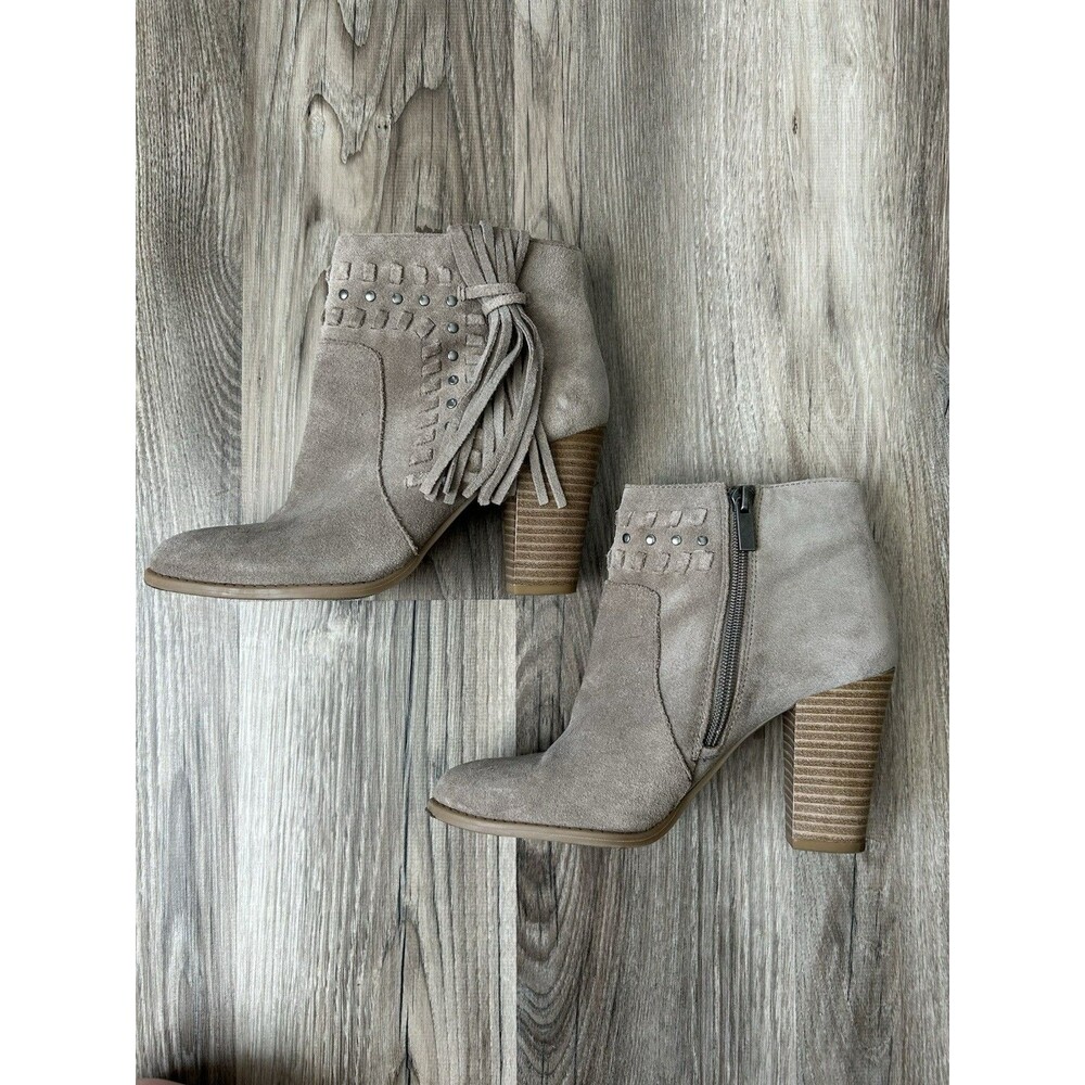 INC International Concepts Taupe Suede Fringe Booties Ankle Boots 7 Block Heel